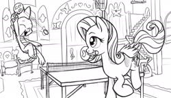 Size: 2600x1500 | Tagged: safe, artist:verulence, fluttershy, spike, dragon, pegasus, pony, cute, eyes closed, lineart, monochrome, mouth hold, open mouth, ping pong, smiling