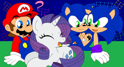 Size: 1050x570 | Tagged: safe, artist:heartinarosebud, rarity, hedgehog, human, unicorn, conjoined, conjoined twins, crossover, mario, mario & sonic, mario and sonic, nintendo, sega, sonic the hedgehog, sonic the hedgehog (series), super mario bros., super smash bros., tetris, two heads, yin-yang