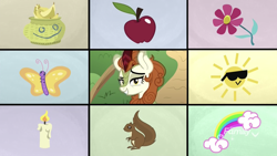 Size: 1334x750 | Tagged: safe, screencap, autumn blaze, butterfly, kirin, squirrel, sounds of silence, apple, banana, basket, candle, collage, discovery family logo, flower, food, rainbow, raised eyebrow, solo, sun, sunglasses