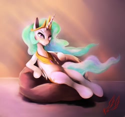 Size: 1500x1400 | Tagged: safe, artist:miokomata, princess celestia, alicorn, pony, semi-anthro, beanbag chair, belly button, candy, collar, crown, dreamworks face, reclining, solo, toothpick