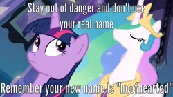 Size: 1366x768 | Tagged: safe, princess celestia, twilight sparkle, equestria girls, equestria girls (movie), image macro, meme, pun