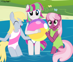 Size: 2832x2400 | Tagged: safe, artist:tolpain, blossomforth, cheerilee, derpy hooves, anthro, adoraforth, background pony, beach ball, cheeribetes, clothes, cute, female, one-piece swimsuit, playing, smiling, swimsuit, trio, trio female, younger