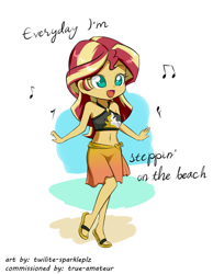 Size: 701x902 | Tagged: safe, artist:twilite-sparkleplz, sunset shimmer, better together, equestria girls, forgotten friendship, anime style, belly button, bikini, clothes, cute, feet, flip-flops, midriff, music notes, reference, sandals, shimmerbetes, simple background, singing, smiling, solo, spongebob squarepants, stepping on the beach, swimsuit, walking small, white background
