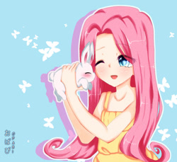 Size: 600x550 | Tagged: safe, artist:opabi, angel bunny, fluttershy, human, cute, humanized, shyabetes