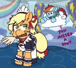 Size: 1400x1250 | Tagged: safe, artist:threetwotwo32232, derpibooru import, applejack, rainbow dash, earth pony, pegasus, pony, alternate hairstyle, animated, annoyed, bow, clothes, cloud, cute, dashabetes, dialogue, duster, ear fluff, featured on derpibooru, female, floating, floaty, frown, gif, glare, hair ribbon, hairband, jackabetes, looking back, maid, mare, mouth hold, no pupils, open mouth, perfect loop, pillow, pointing, prone, rainbow douche, ribbon, smiling, sofa, tail bow, unamused, underhoof, window