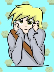 Size: 768x1024 | Tagged: safe, artist:idioticsilhouette, derpy hooves, human, :3, food, humanized, looking at you, muffin, solo