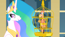 Size: 1366x768 | Tagged: safe, screencap, philomena, princess celestia, alicorn, bird, phoenix, pony, a bird in the hoof, birdcage, cage, duo, ethereal mane, female, mare