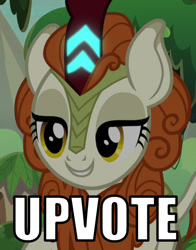 Size: 495x631 | Tagged: safe, edit, edited screencap, screencap, autumn blaze, kirin, sounds of silence, spoiler:s08, cropped, female, image macro, lidded eyes, meme, reaction image, solo, text, upvote