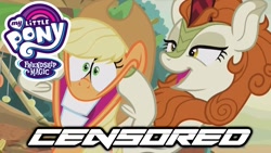 Size: 1280x720 | Tagged: safe, derpibooru import, edit, edited screencap, screencap, applejack, autumn blaze, earth pony, kirin, pony, sounds of silence, cloven hooves, cowboy hat, duo, female, forced smile, hat, my little pony logo