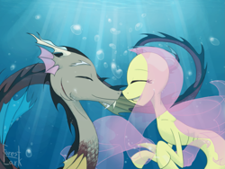 Size: 1885x1417 | Tagged: safe, artist:forest-lark, discord, fluttershy, discoshy, female, male, shipping, species swap, straight, underwater