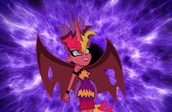 Size: 400x261 | Tagged: safe, midnight sparkle, sci-twi, sunset satan, sunset shimmer, twilight sparkle, alicorn, equestria girls, black background, fusion, midnightsatan, purple background, purple fire, simple background, white background