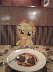 Size: 680x907 | Tagged: safe, applejack, earth pony, pony, cheese, cute, female, food, fork, grin, head tilt, imagination, irl, jackabetes, looking at you, mare, meat, meatballs, meme, offscreen character, otaku date, photo, plate, ponies in real life, pov, smiling, solo, spaghetti, squee, waifu, waifu dinner