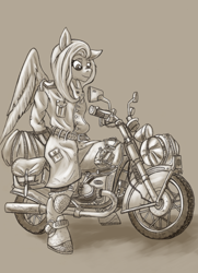 Size: 500x689 | Tagged: safe, artist:pseudosharp, angel bunny, fluttershy, anthro, unguligrade anthro, bags, boots, grayscale, monochrome, motorcycle, solo