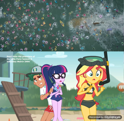 Size: 1225x1193 | Tagged: safe, artist:steghost, edit, screencap, sunset shimmer, timber spruce, twilight sparkle, shark, better together, equestria girls, unsolved selfie mysteries, bikini, clothes, crossover, geode of empathy, geode of telekinesis, jason statham, legs, lifeguard timber, meg, megalodon, ocean, scared, swimsuit, the meg, this will end in death, this will not end well, trailer, water