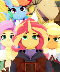 Size: 2100x2500 | Tagged: safe, artist:jessesmash32, applejack, fluttershy, rainbow dash, sunset shimmer, anthro, unicorn, clothes, female, final fantasy, final fantasy iii, looking at you, mare, smiling