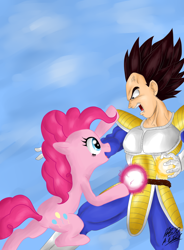 Size: 1024x1393 | Tagged: safe, artist:redrumratscap, pinkie pie, earth pony, pony, crossover, dragon ball z, smile hd, vegeta