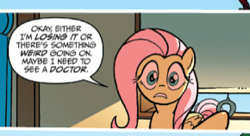 Size: 290x158 | Tagged: source needed, safe, artist:tonyfleecs, idw, fluttershy, pegasus, pony, spoiler:comic, spoiler:comicff5, caption, comic, frown, gritted teeth, insanity, official, reaction image, solo, wide eyes