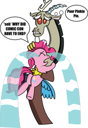 Size: 2411x3510 | Tagged: safe, artist:saburodaimando, discord, pinkie pie, earth pony, pony, comforting, comic con, crying, hug, ocular gushers, plot, sad, san diego comic con