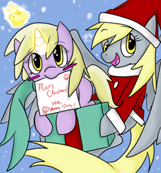 Size: 2700x2900 | Tagged: safe, artist:yoichi-hayabusa, derpy hooves, dinky hooves, pegasus, pony, unicorn, box, christmas, clothes, costume, cute, equestria's best daughter, equestria's best mother, female, filly, glowing horn, mare, mother and child, mother and daughter, parent and child, pony in a box, santa costume