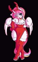 Size: 2491x4096 | Tagged: safe, artist:wickedsilly, oc, oc only, oc:nekonin, alicorn, anthro, alicorn oc, anthro oc, antlers, arm hooves, bare shoulders, bell, bell collar, blushing, boots, both cutie marks, bottom heavy, chest fluff, christmas, clothes, collar, commission, crossdressing, curved horn, dress, evening gloves, explicit source, femboy, gloves, high heel boots, high heels, holiday, horn, long gloves, looking at you, male, one eye closed, reindeer antlers, shoes, simple background, smiling, solo, stallion, trap, wide hips, wink
