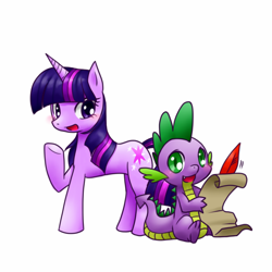 Size: 1000x1000 | Tagged: safe, artist:hashioaryut, derpibooru import, spike, twilight sparkle, dragon, pixiv, quill, scroll