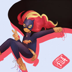 Size: 700x700 | Tagged: safe, artist:faeee, sunset shimmer, equestria girls, batgirl, crossover, female, peace sign, solo