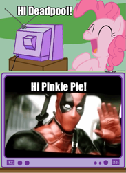 Size: 563x771 | Tagged: safe, pinkie pie, earth pony, pony, breaking the fourth wall, deadpool, epic win, exploitable meme, fourth wall, meme, obligatory pony, test footage, trailer leak, tv meme, wade wilson