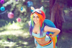 Size: 1024x678 | Tagged: safe, artist:babygirlfallenangel, derpibooru import, rainbow dash, human, belly button, cleavage, clothes, cosplay, female, irl, irl human, midriff, photo, skirt, sports bra