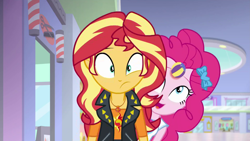 Size: 3643x2048 | Tagged: safe, screencap, pinkie pie, sunset shimmer, a fine line, better together, equestria girls, ball