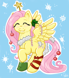 Size: 537x608 | Tagged: safe, artist:veritasket, fluttershy, pegasus, pony, candy cane, garland, holly, ornament, ribbon, solo