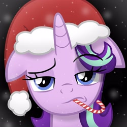 Size: 4000x4000 | Tagged: safe, alternate version, artist:sol-r, starlight glimmer, pony, unicorn, the parent map, bust, candy, candy cane, christmas, female, festive, floppy ears, food, frown, hat, high res, holiday, horn, lidded eyes, mare, mouth hold, night, outdoors, raised eyebrow, santa hat, shadow, simple background, snow, snowfall, solo, starlight is not amused, unamused, vector, winter