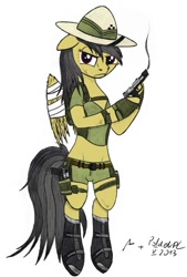 Size: 493x730 | Tagged: safe, artist:karpiupl, artist:poldekpl, daring do, pony, semi-anthro, bipedal, boots, clothes, gun, hoof boots, pistol, shorts, solo, usp, wide hips