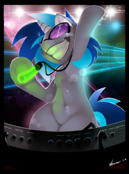 Size: 2120x2845 | Tagged: safe, artist:shnider, dj pon-3, vinyl scratch, pony, unicorn, belly button, female, glowstick, mare, rave, smiling, solo, sweat, wide hips, working