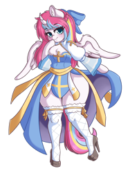 Size: 902x1200 | Tagged: safe, artist:wickedsilly, oc, oc:nekonin, alicorn, anthro, alicorn oc, anthro oc, arm hooves, bottom heavy, breast fluff, chest fluff, clothes, crossdressing, crossover, femboy, hair ribbon, high heels, male, priest, ragnarok online, shoes, stockings, thigh highs, trap, wide hips