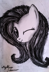 Size: 1977x2867 | Tagged: safe, artist:djchaoss, fluttershy, pegasus, pony, head, looking at you, monochrome, smiling, solo, traditional art, wink