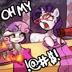 Size: 750x750 | Tagged: safe, artist:lumineko, rarity, sweetie belle, pony, unicorn, 30 minute art challenge, censored vulgarity, female, filly, fire, glasses, grawlixes, mare, open mouth, sewing machine, sweetie fail, wide eyes