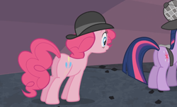 Size: 1920x1168 | Tagged: safe, derpibooru import, screencap, pinkie pie, twilight sparkle, earth pony, pony, mmmystery on the friendship express, bowler hat, coal, deerstalker, eyes on the prize, female, hat, mare, out of context, plot, saddle bag