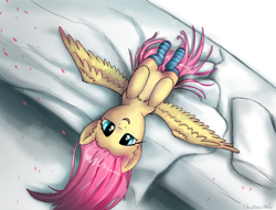 Size: 2620x2000 | Tagged: safe, artist:chickentech, fluttershy, pegasus, pony, bed, clothes, morning ponies, socks, solo, striped socks, upside down