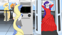 Size: 5760x3240 | Tagged: safe, artist:kryzx, rarity, oc, anthro, unguligrade anthro, airport, anthro oc, body scanner, clothes, commission, dress, scanner, security, security officer, terminal