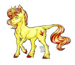 Size: 1024x888 | Tagged: safe, artist:biakela, sunset shimmer, classical unicorn, pony, unicorn, chest fluff, cloven hooves, cutie mark, ear fluff, ear piercing, female, leonine tail, mare, piercing, simple background, solo, traditional art, unshorn fetlocks, watercolor painting, white background