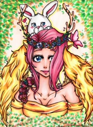 Size: 748x1024 | Tagged: safe, artist:cute-chibimonsterz, angel bunny, fluttershy, human, antlers, eared humanization, floral head wreath, horned humanization, humanized, winged humanization