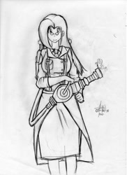 Size: 762x1048 | Tagged: safe, artist:oyedraws, fluttershy, human, crossover, fluttermedic, humanized, medic, monochrome, solo, team fortress 2, traditional art