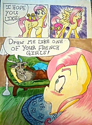 Size: 454x615 | Tagged: safe, artist:cog-dis, discord, fluttershy, pegasus, pony, comic, discoshy, draw me like one of your french girls, fainting couch, female, lemonade, male, shipping, straight, traditional art, wingboner