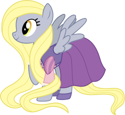 Size: 1001x919 | Tagged: safe, artist:cloudyglow, derpy hooves, pegasus, pony, alternate hairstyle, blonde, clothes, clothes swap, cosplay, costume, crossover, disney, dress, female, long mane, mare, raised hoof, rapunzel, simple background, smiling, solo, tangled (disney), transparent background, vector