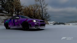 Size: 1920x1080 | Tagged: safe, artist:sevenxninja, starlight glimmer, pony, car, cloud, forza horizon, forza horizon 4, frozen water, itasha, nissan skyline, snow, tree