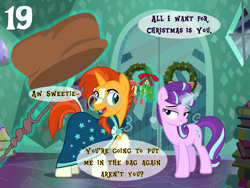 Size: 1024x768 | Tagged: safe, artist:bronybyexception, starlight glimmer, sunburst, pony, unicorn, advent calendar, all i want for christmas is you, bag, book, christmas, female, holiday, kidnapped, male, mariah carey, mistletoe, no shit sherlock, s5 starlight, shipping, staff, staff of sameness, stallion in distress, starburst, straight, wreath, yandere, yandere glimmer