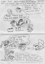 Size: 500x708 | Tagged: safe, artist:catfood-mcfly, derpibooru import, spike, twilight sparkle, dragon, pony, unicorn, butt scratch, comic, dirty twilight, eyes closed, face down ass up, fart, female, levitation, magic, mare, monochrome, need to pee, potty time, raised tail, tail, telekinesis, tree, vulgar