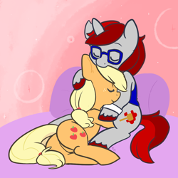 Size: 1000x1000 | Tagged: safe, artist:mt, applejack, oc, earth pony, pony, canon x oc, cuddling, snuggling