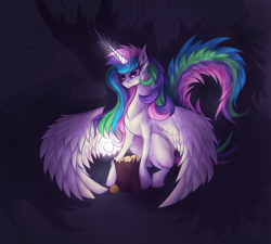 Size: 2000x1800 | Tagged: safe, artist:oksara, princess celestia, alicorn, pony, levitation, magic, orange, paper bag, solo