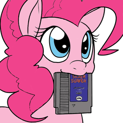 Size: 600x600 | Tagged: safe, artist:itsthinking, artist:reiduran, edit, pinkie pie, earth pony, pony, colored, mouth hold, nintendo entertainment system, silver surfer, smiling, solo, this will end in tears